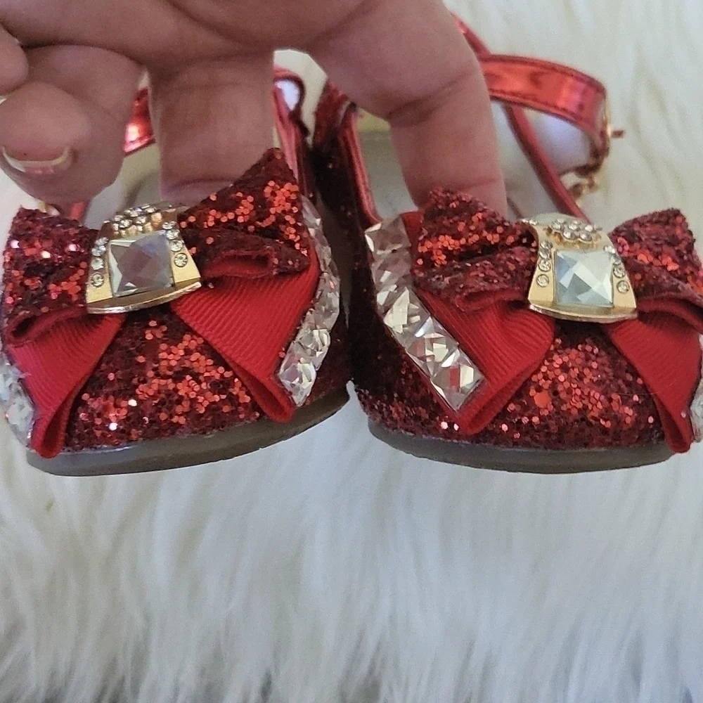 Jiaduowang Red Glitter and Rhinestone Rounded Toe Little Girl Heeled Sho…